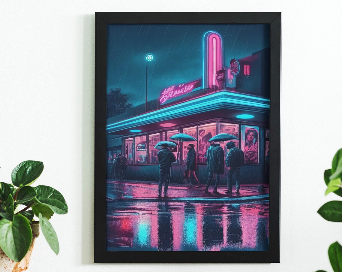 Rainy Night Neon Diner Retro City Scene Cinematic Art Poster