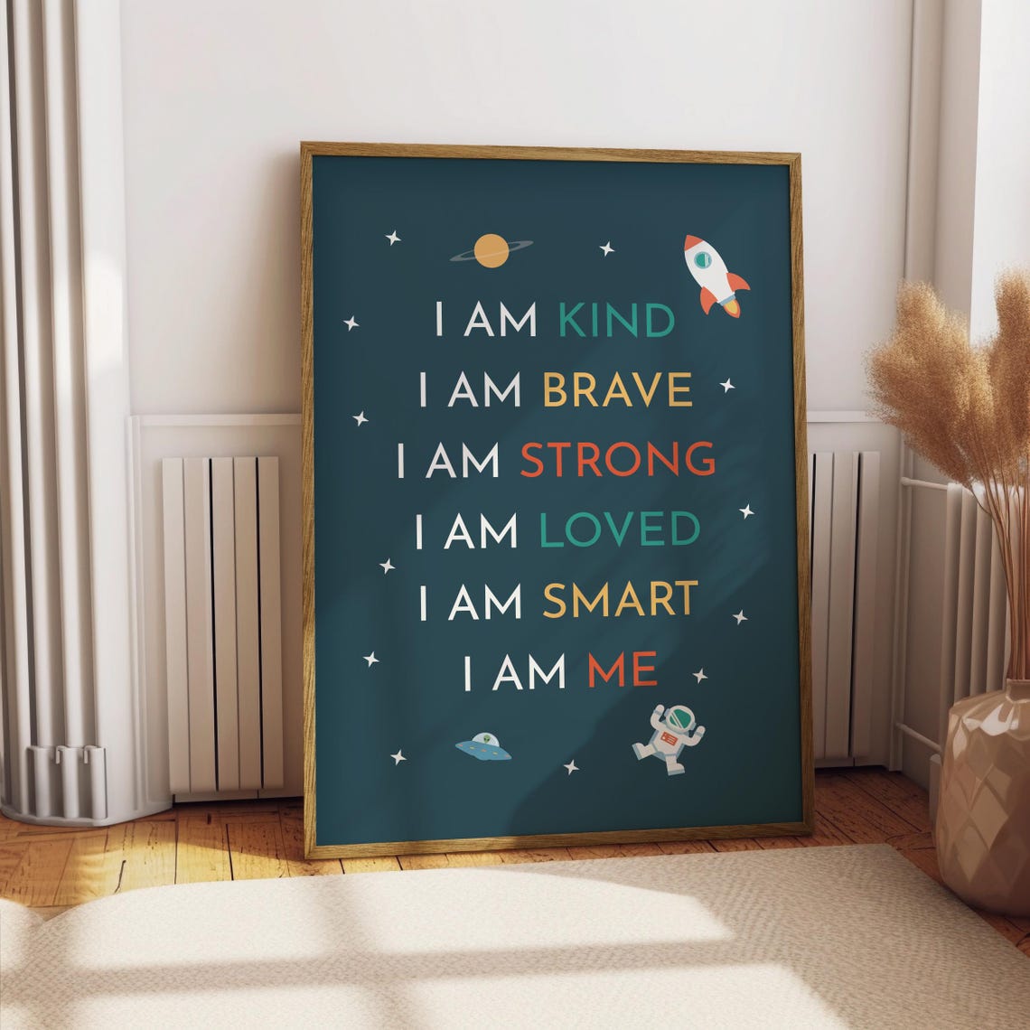I Am Kind Brave Strong Loved Smart Me Space Affirmation Kids Poster - Image 3