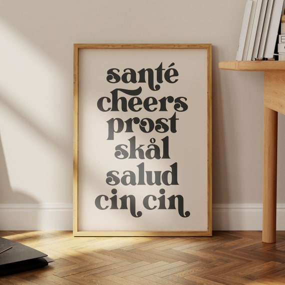 Cheers Language Black Kitchen Wall Art Print Home Decor For Kitchen Or Bar Aesthetic Typography Poster Art
