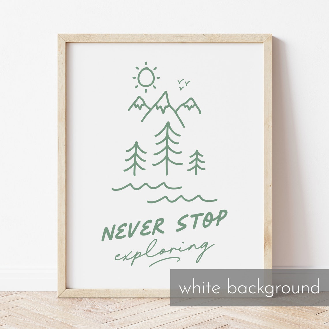 Never Stop Exploring Green Mountain Line Art Adventure Quote Poster - Image 3