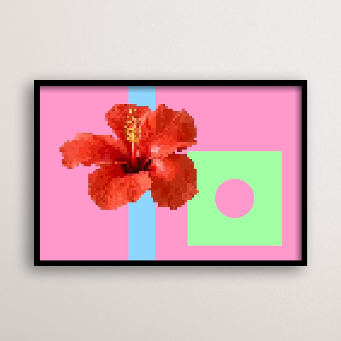 Pixel Hibiscus Flower, Minimalist Retro Style Art Print