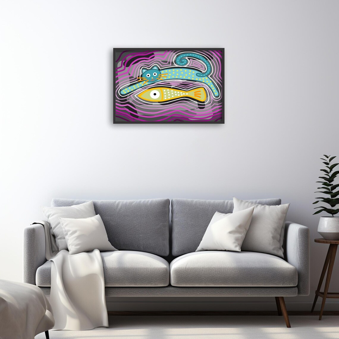 Cat And Fish Art, Whimsical Animal Art Print - Image 3