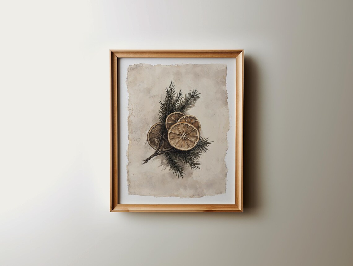 Christmas Botanical Citrus Art Print, Rustic Modern