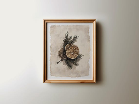 Christmas Botanical Citrus Art Print, Rustic Modern