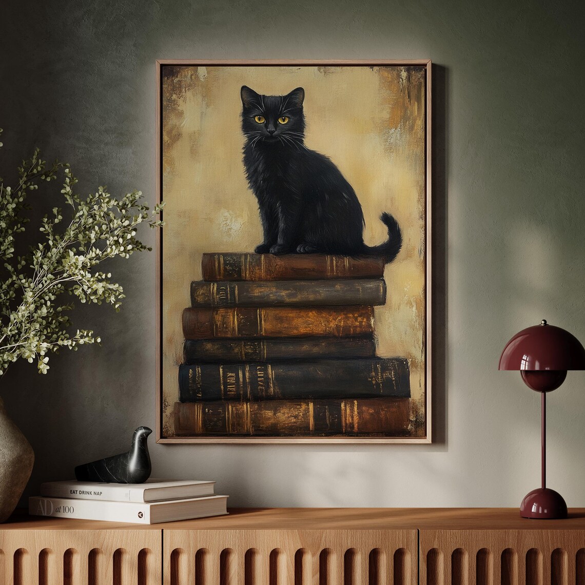 Black Cat On Vintage Book Stack, Gothic Dark Academia