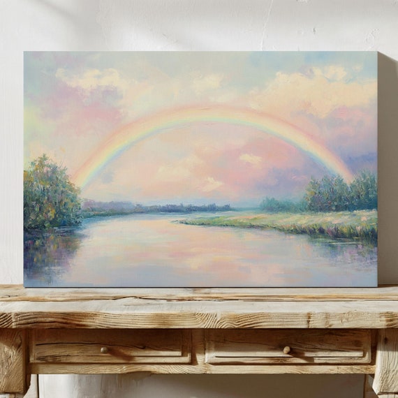 Serene Rainbow Over Calm River Wall Art Peaceful Pastel Landscape For Hangable Nature Inspired Home Decor