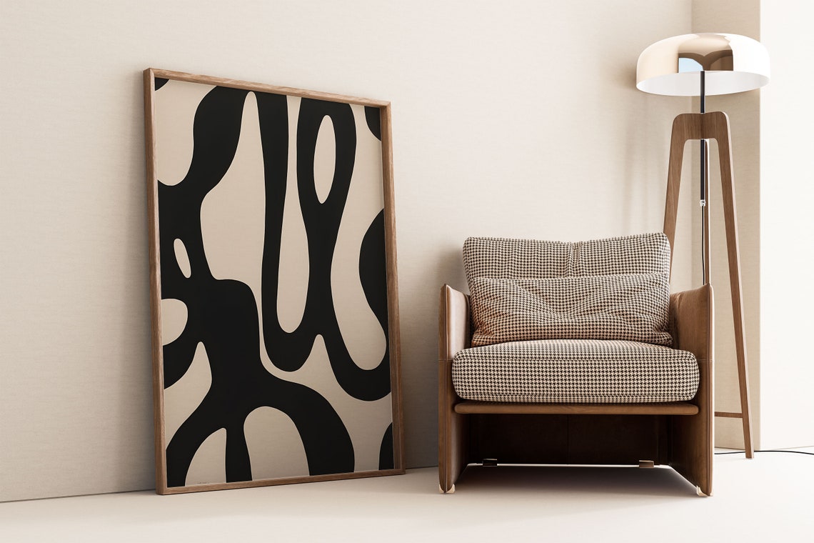 Black Organic Blob Shapes on Beige Modern Abstract Art Poster - Image 2