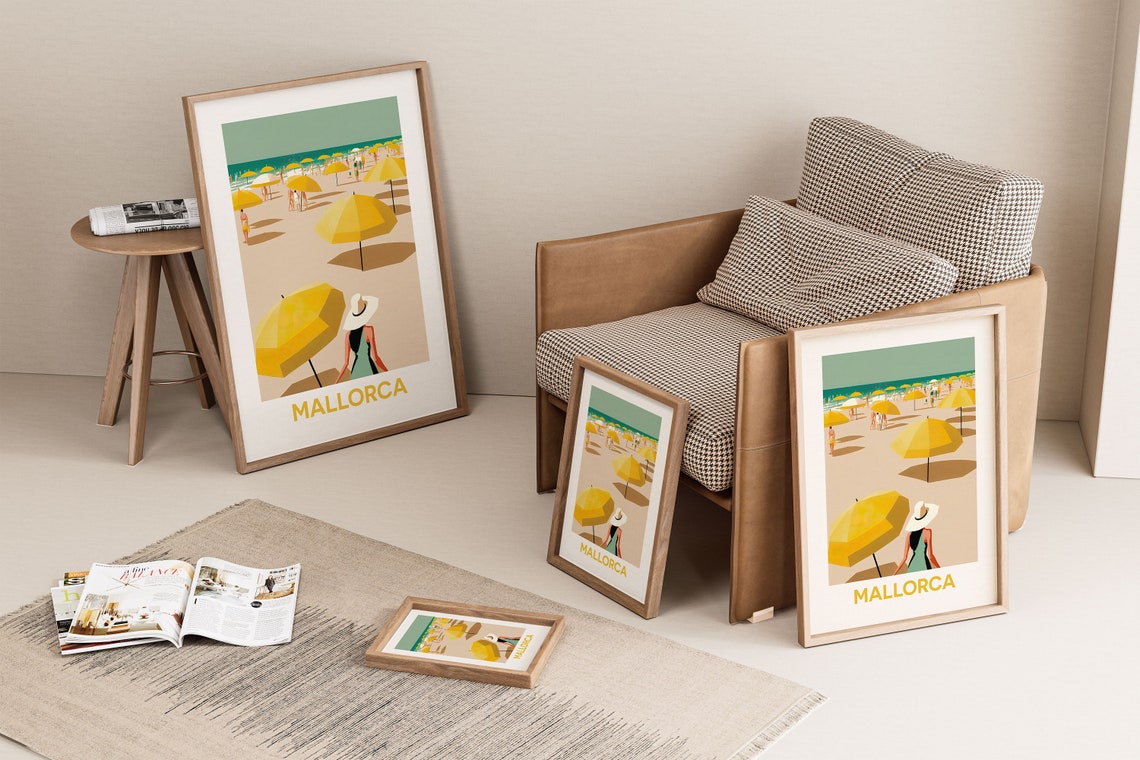 Mallorca Beach Yellow Umbrellas Vintage Summer Travel Poster - Image 2