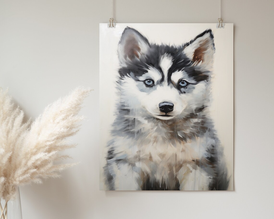 Cute Husky Puppy Portrait on Cream Vintage Dog Oil Painting Wall Art - Image 2
