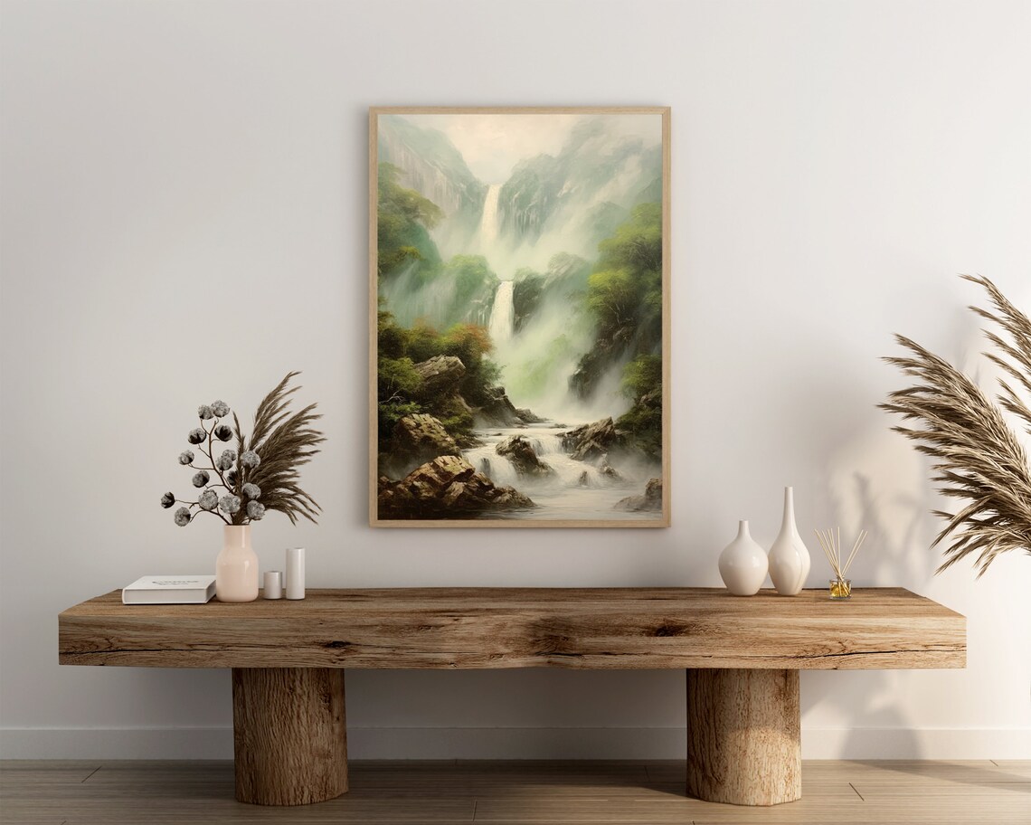 Tall Waterfall in a Lush Green Misty Valley Oil Painting Poster - Image 3