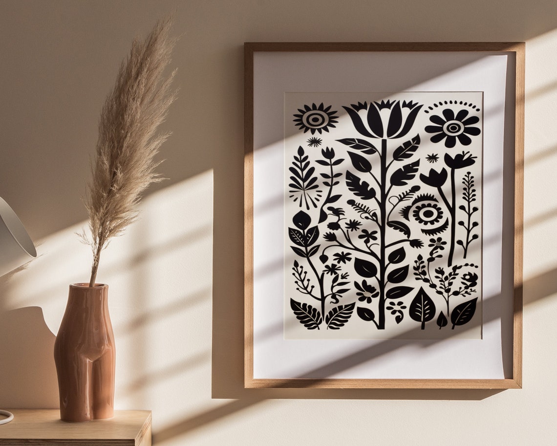Black And White Floral Pattern Print Boho Wall Art Mid Century Print Cute Eclectic Home Dcor Wall Art - Image 4