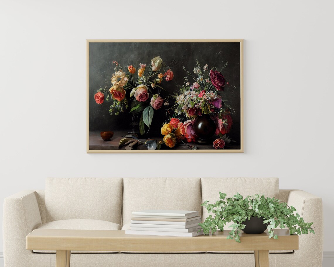 Moody Vintage Rose and Dahlia Still Life with Dark Vases Poster - Image 3