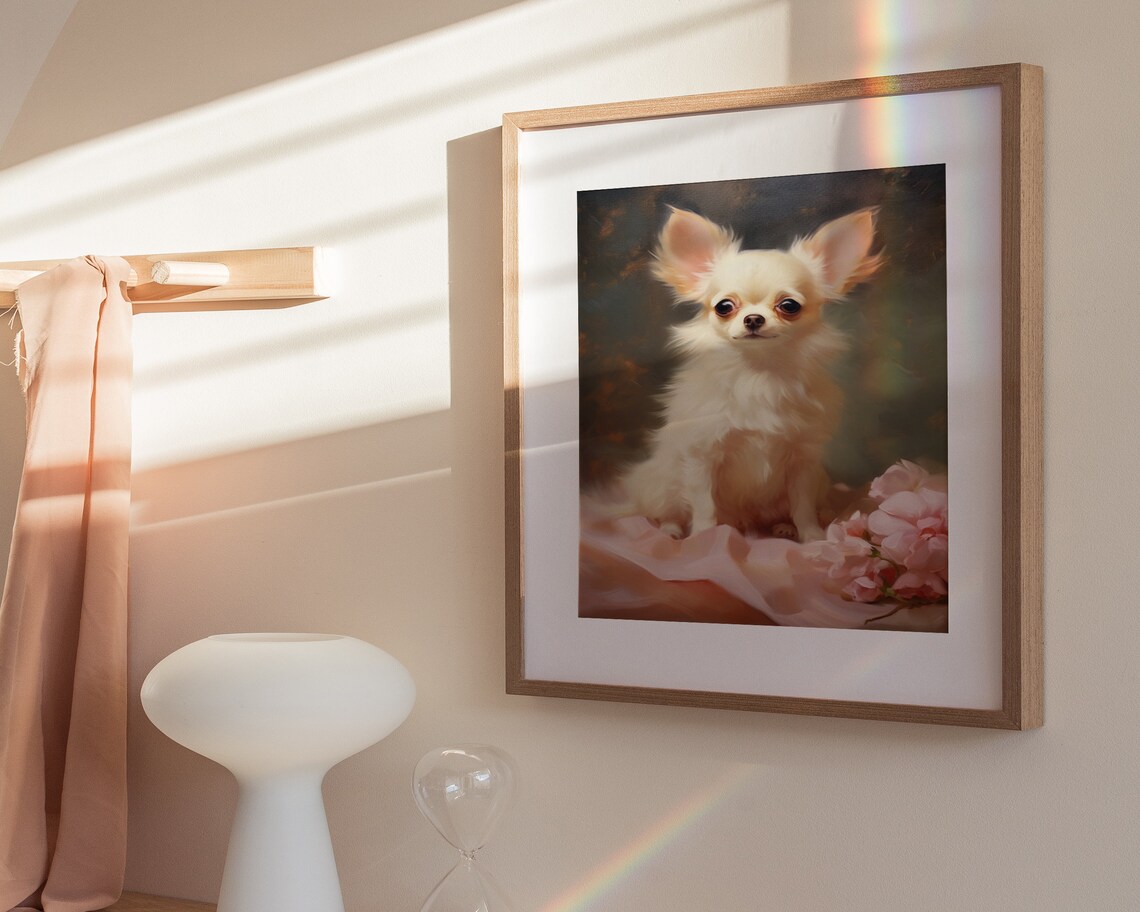 White Chihuahua With Pink Roses Elegant Floral Dog Portrait Poster - Image 3
