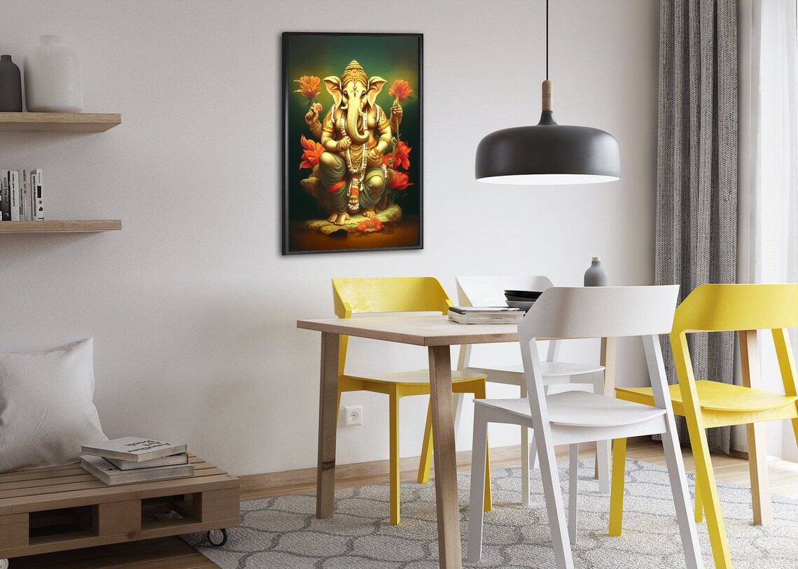 Lord Ganesha Golden Statue Hindu Elephant God Floral Divine Poster - Image 2