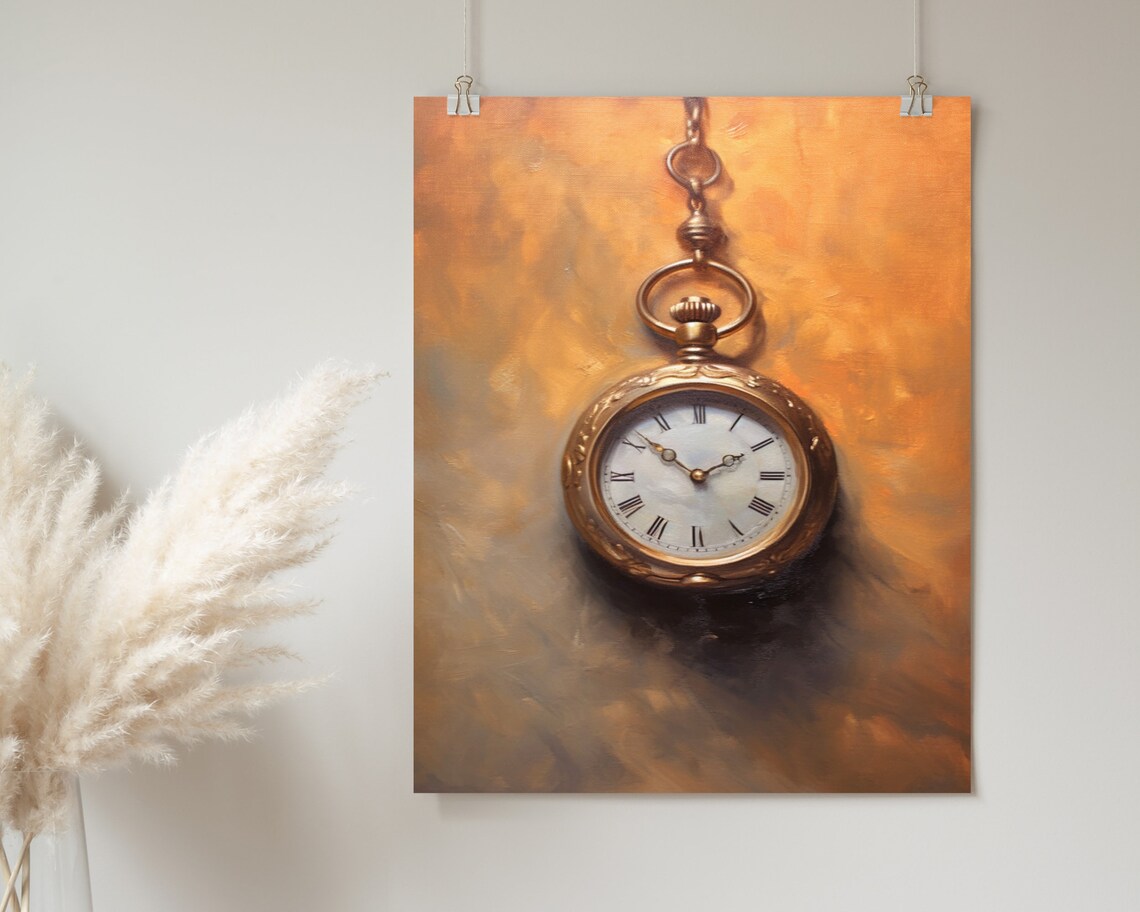 Antique Gold Pocket Watch Hanging Chain Vintage Oil Painting Poster - Image 2