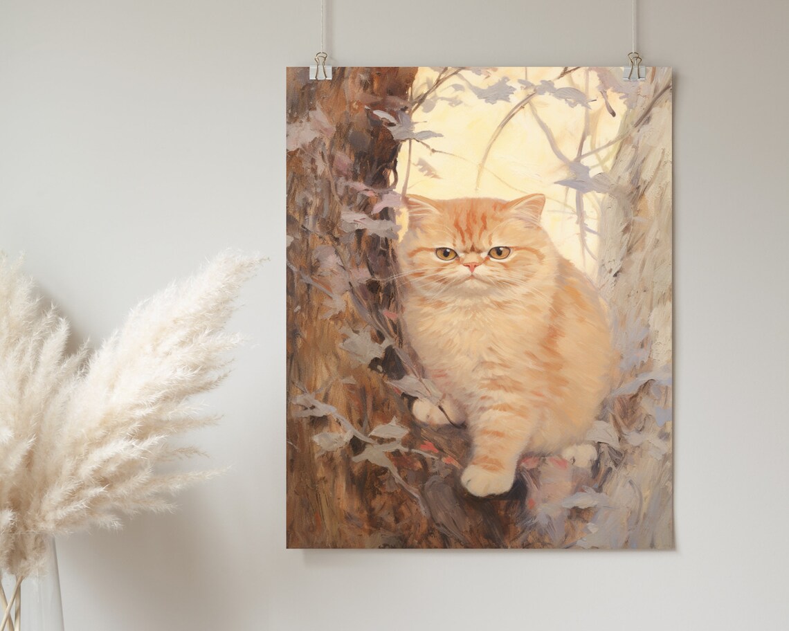 Fluffy Ginger Cat in Autumn Tree Vintage Feline Portrait Oil Painting Poster - Image 2