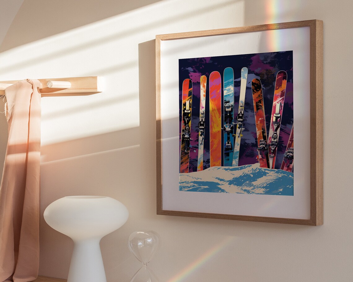 Vintage Skis Stuck In Snow Purple Night Sky Pop Art Winter Poster - Image 3