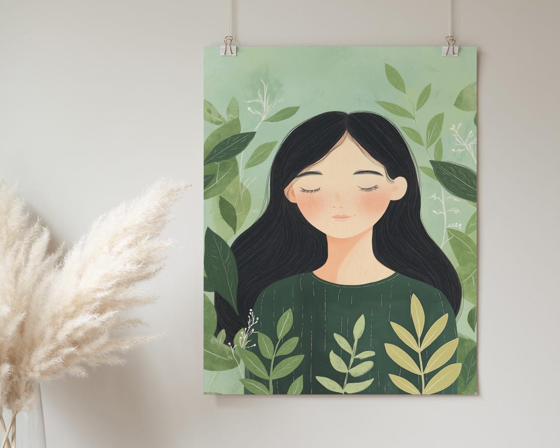 Serene Girl With Green Leaves Botanical Portrait Calm Nature Poster - Image 3