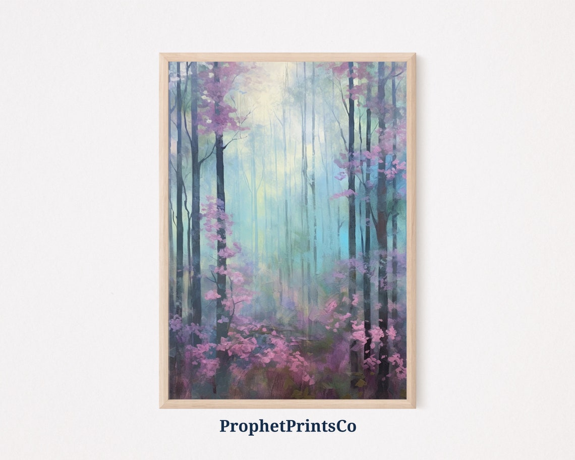 Lavender Misty Forest Pink Blossom Trees Dreamy Landscape Poster