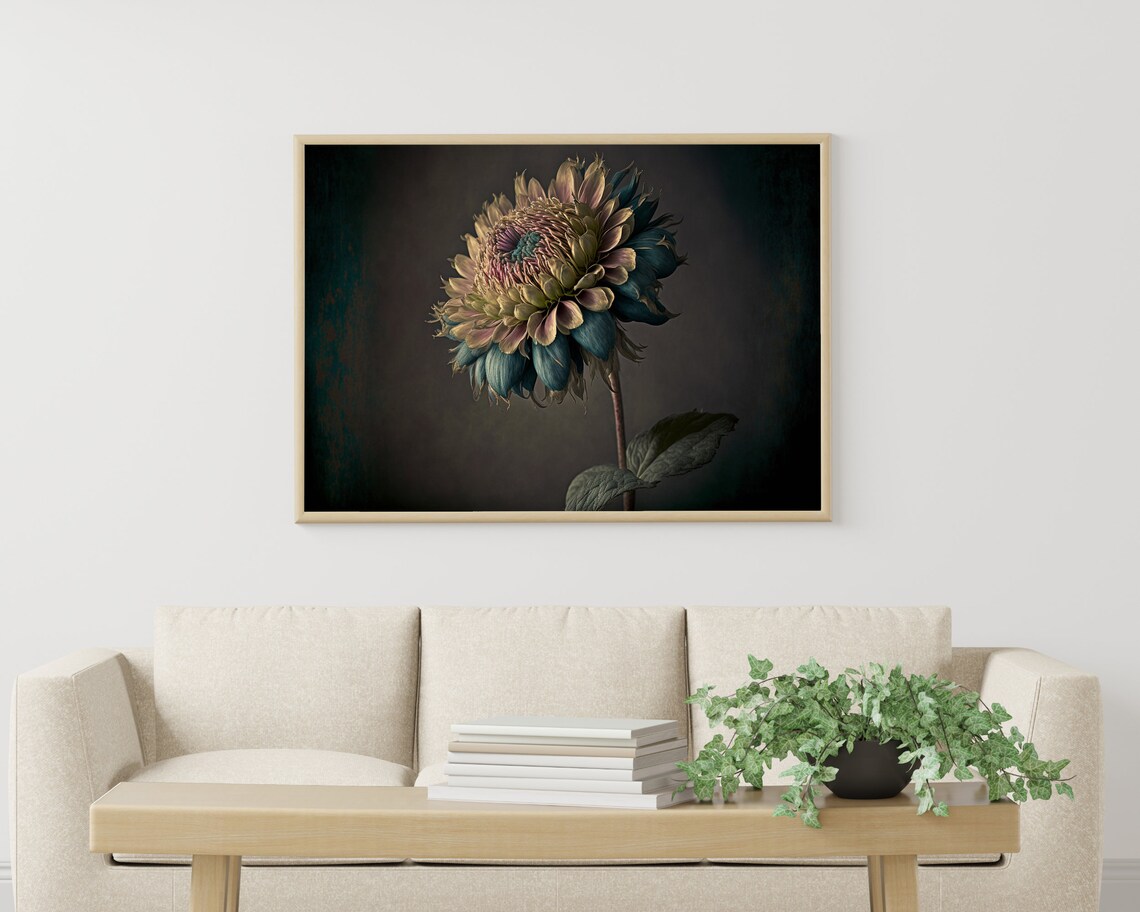Moody Vintage Golden Flower With Teal Petals Dark Background Art Poster - Image 3