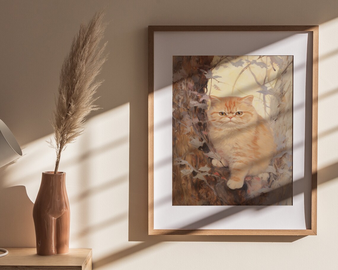 Fluffy Ginger Cat in Autumn Tree Vintage Feline Portrait Oil Painting Poster - Image 4