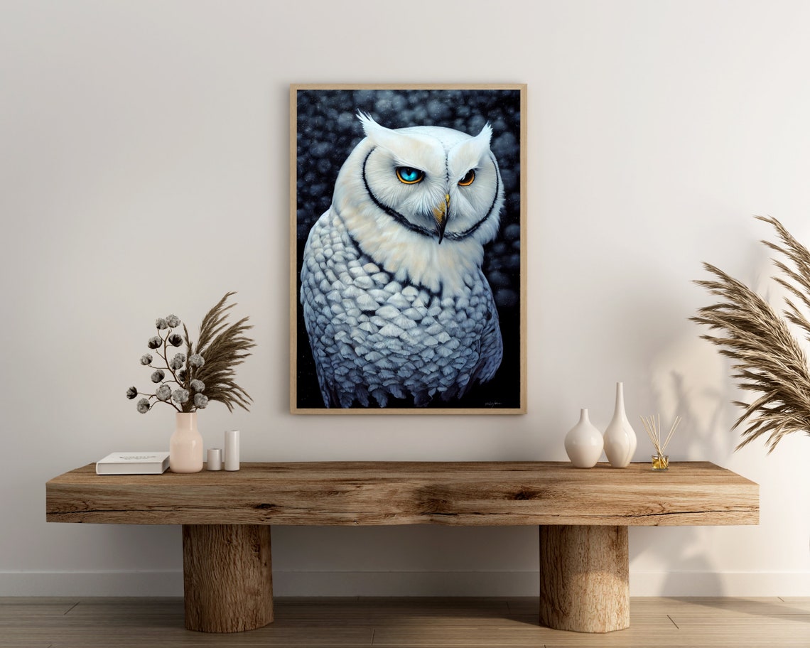 White Owl Close Up Portrait Blue Eyes Dark Dramatic Bird Poster - Image 3