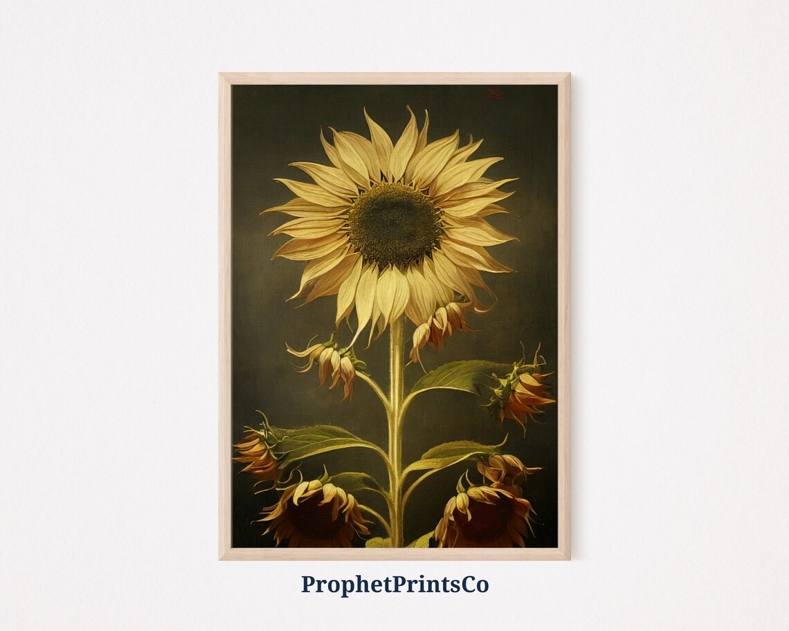 Golden Sunflower Vintage Oil Painting Dark Moody Botanical Poster