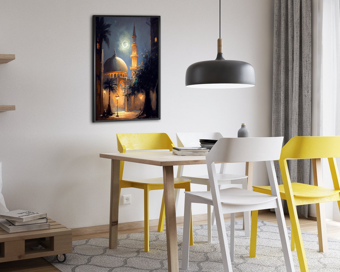Mosque With Dome and Minaret on a Moonlit Street Painting Poster - Image 2
