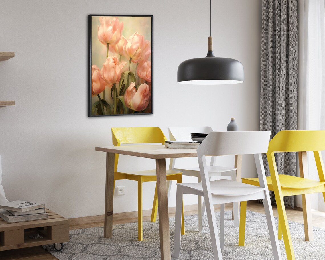 Peach Tulip Blooms Close Up Soft Pink Floral Oil Painting Poster - Image 2
