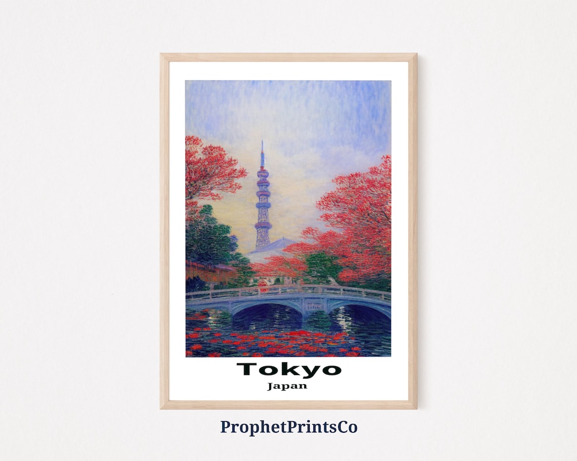 Tokyo Japan Autumn Tower Red Maple Trees Vintage Travel Poster