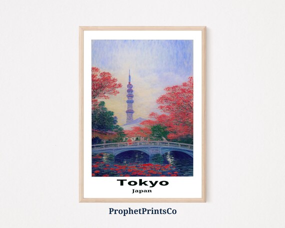 Tokyo Japan Autumn Tower Red Maple Trees Vintage Travel Poster
