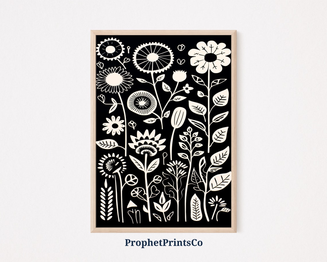 Black And White Wildflower Folk Meadow Pattern Boho Art Poster