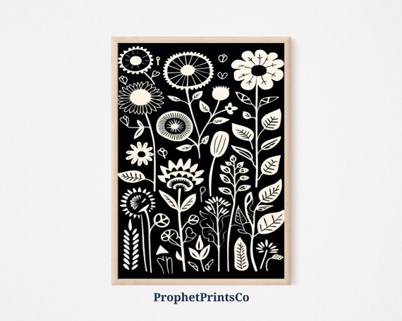 Black And White Floral Pattern Print Boho Wall Art Mid Century Print Cute Eclectic Home Dcor Wall Art