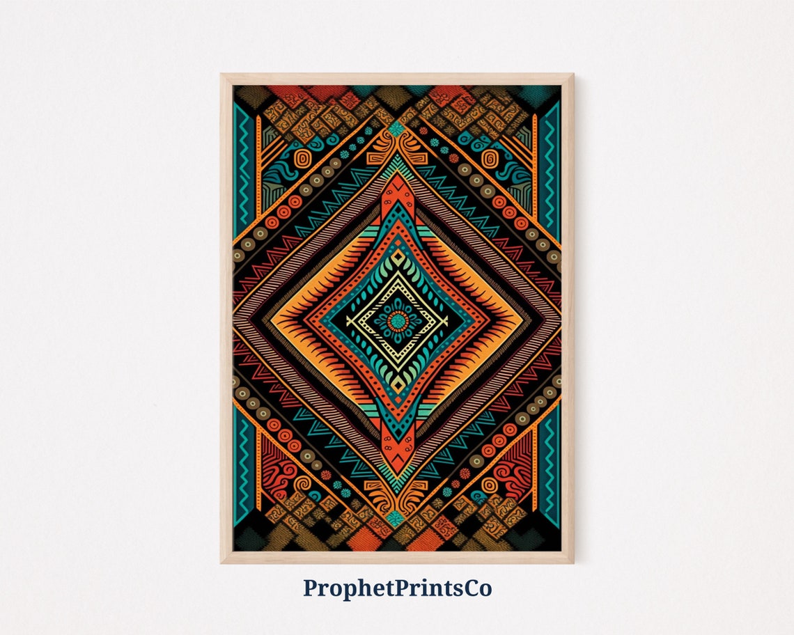 Colorful Tribal Diamond Geometric Pattern Symmetric Boho Art Poster