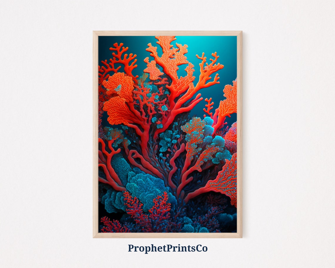 Vibrant Orange Coral Tree Against Teal Underwater Reef Poster