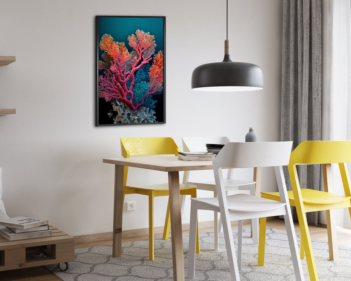 Vivid Bright Pink Coral Tree Branching on Rock Deep Ocean Poster - Image 2