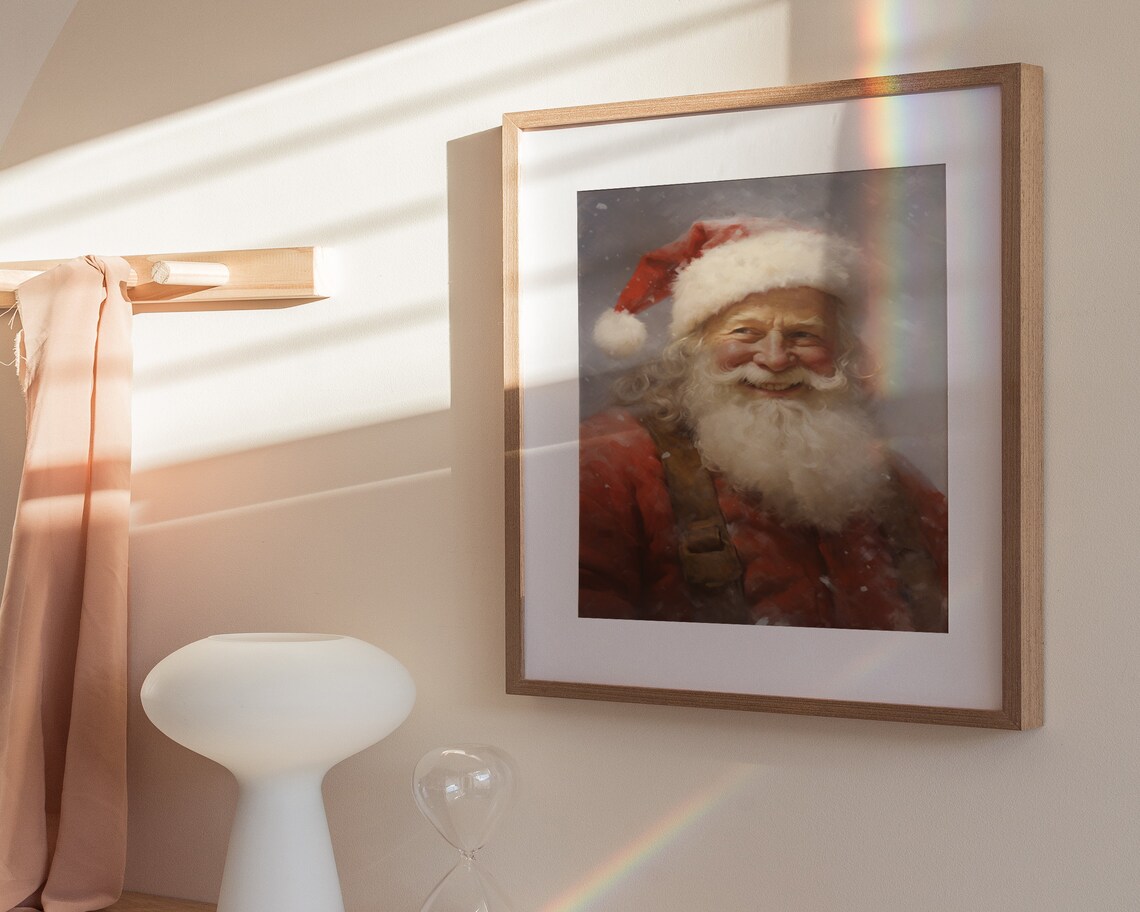 Smiling Santa Claus in Soft Snowfall Vintage Christmas Portrait Painting Poster - Image 3