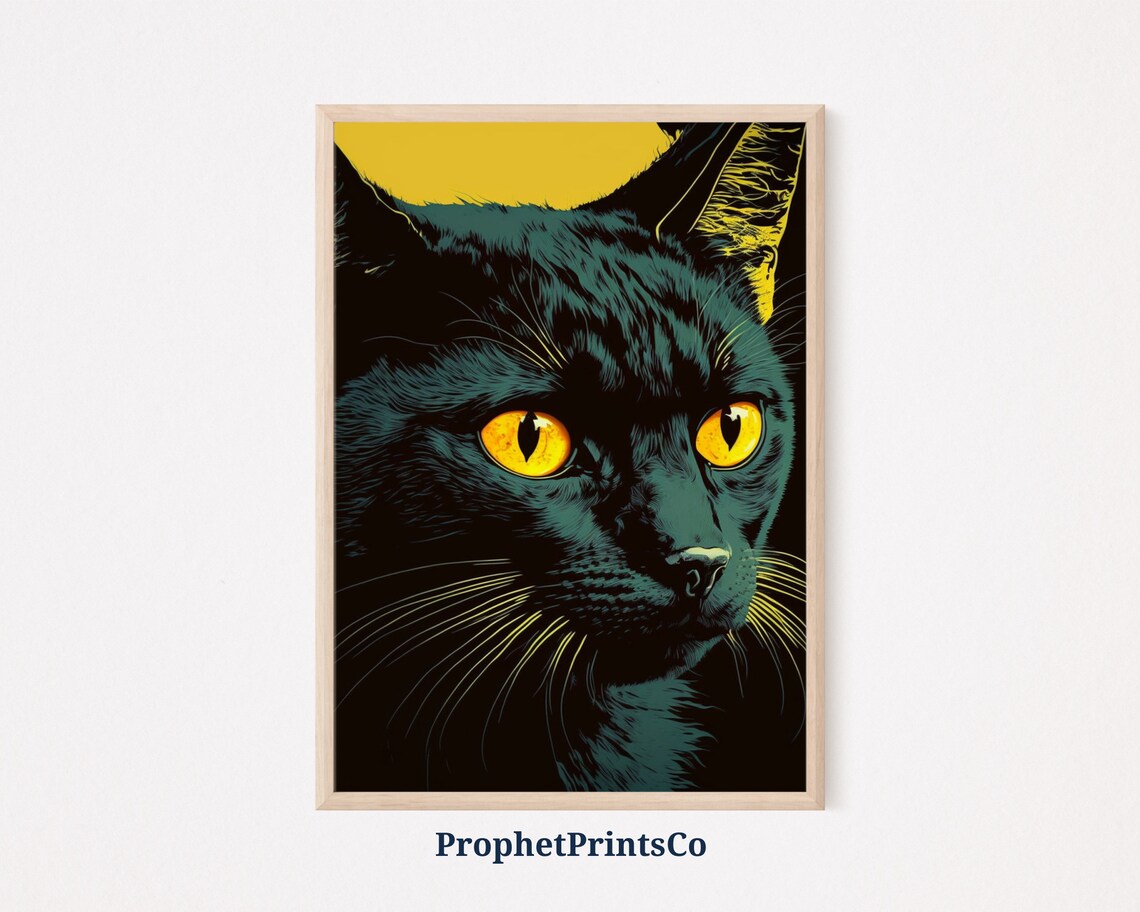 Intense Black Cat Poster Golden Orange Eyes Close Up Portrait Design
