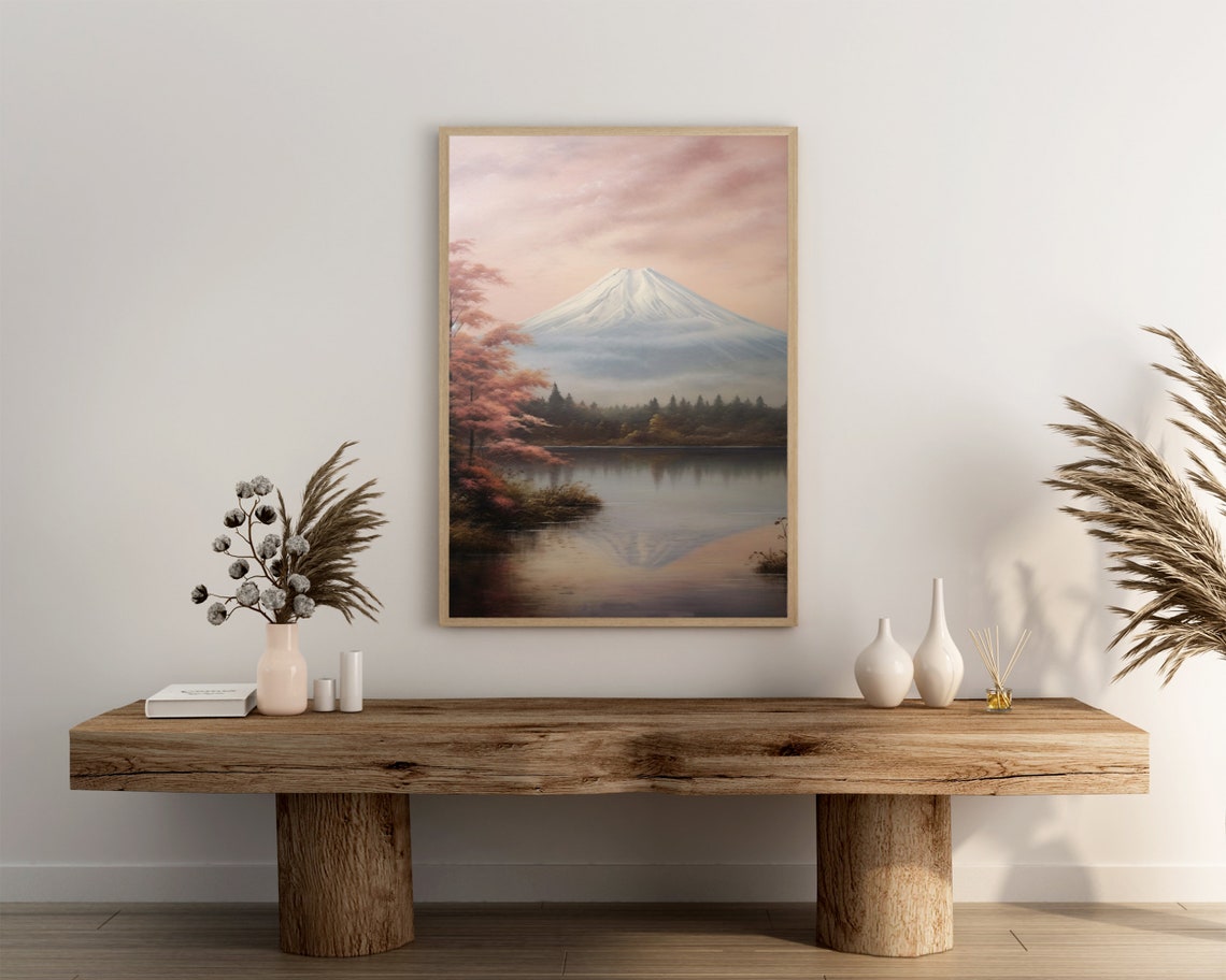 Mount Fuji Oil Painting Autumn Maple Lake Reflection Soft Sky Poster - Image 3