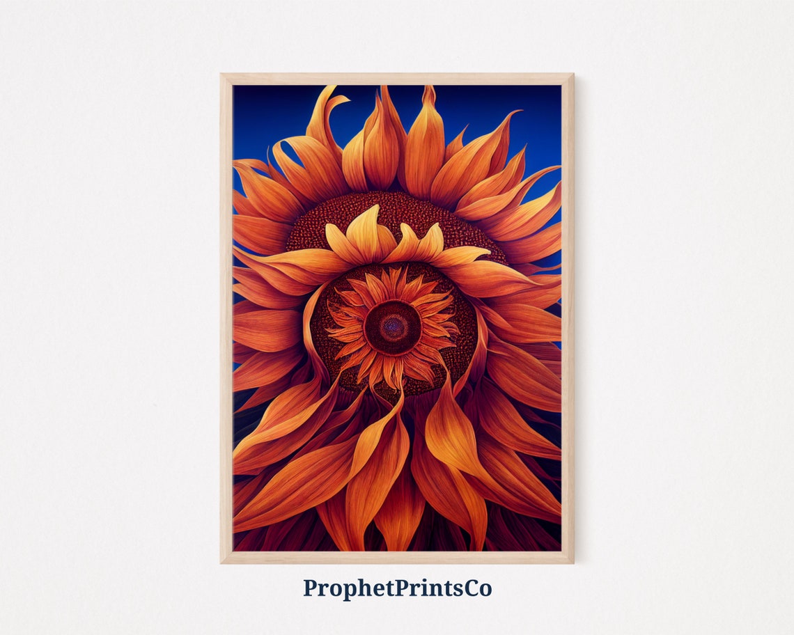 Fiery Orange Sunflower Spiral Dramatic Floral Macro Artwork Poster