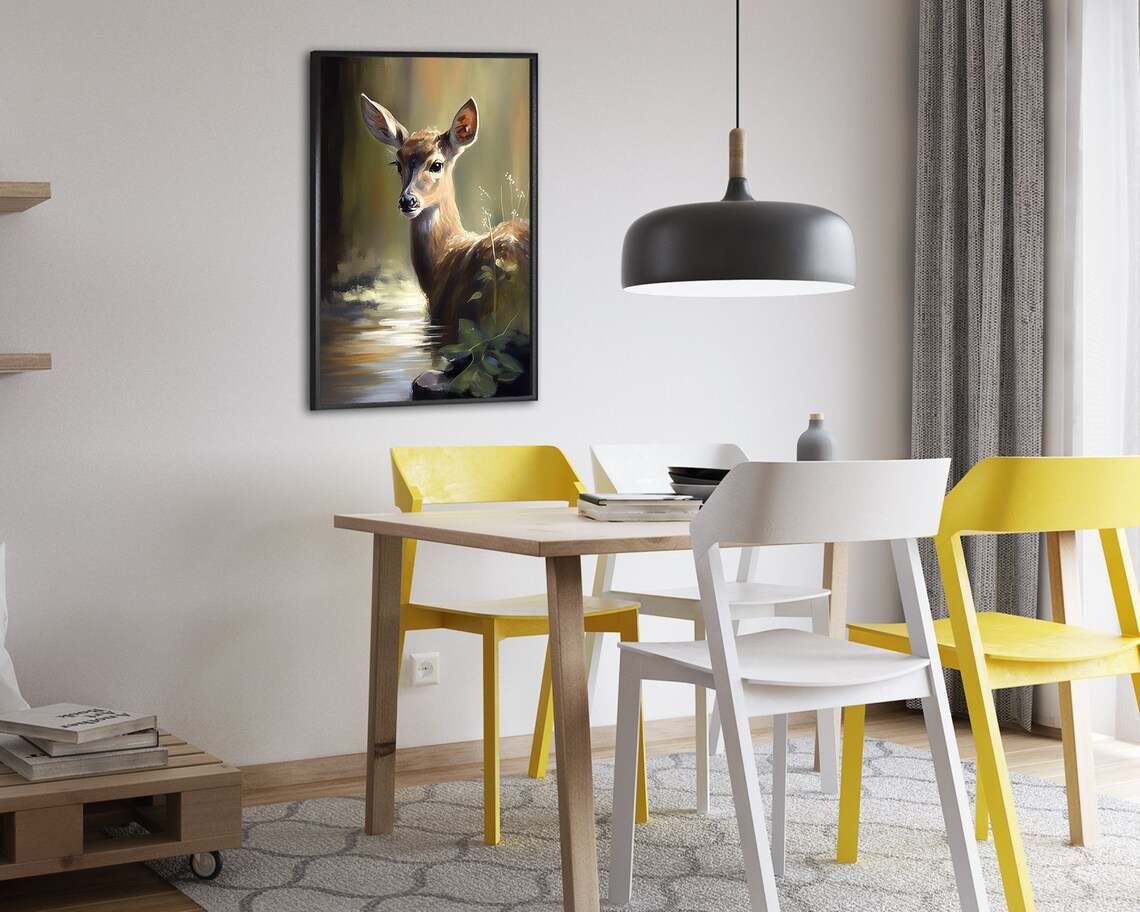 Young Fawn by a Forest Stream in Dappled Light Oil Painting Poster - Image 2
