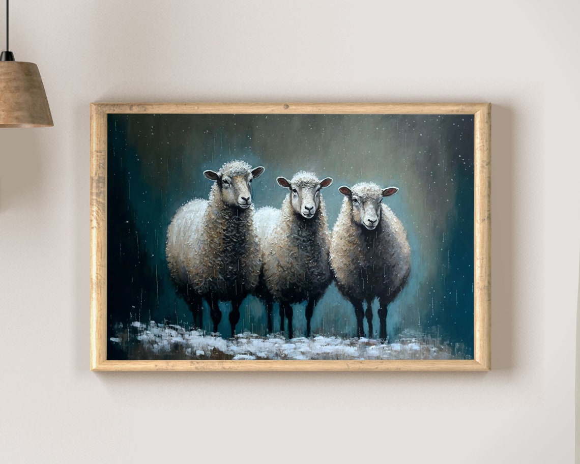Three Sheep in the Rain Moody Painterly Farmhouse Art Poster - Image 2