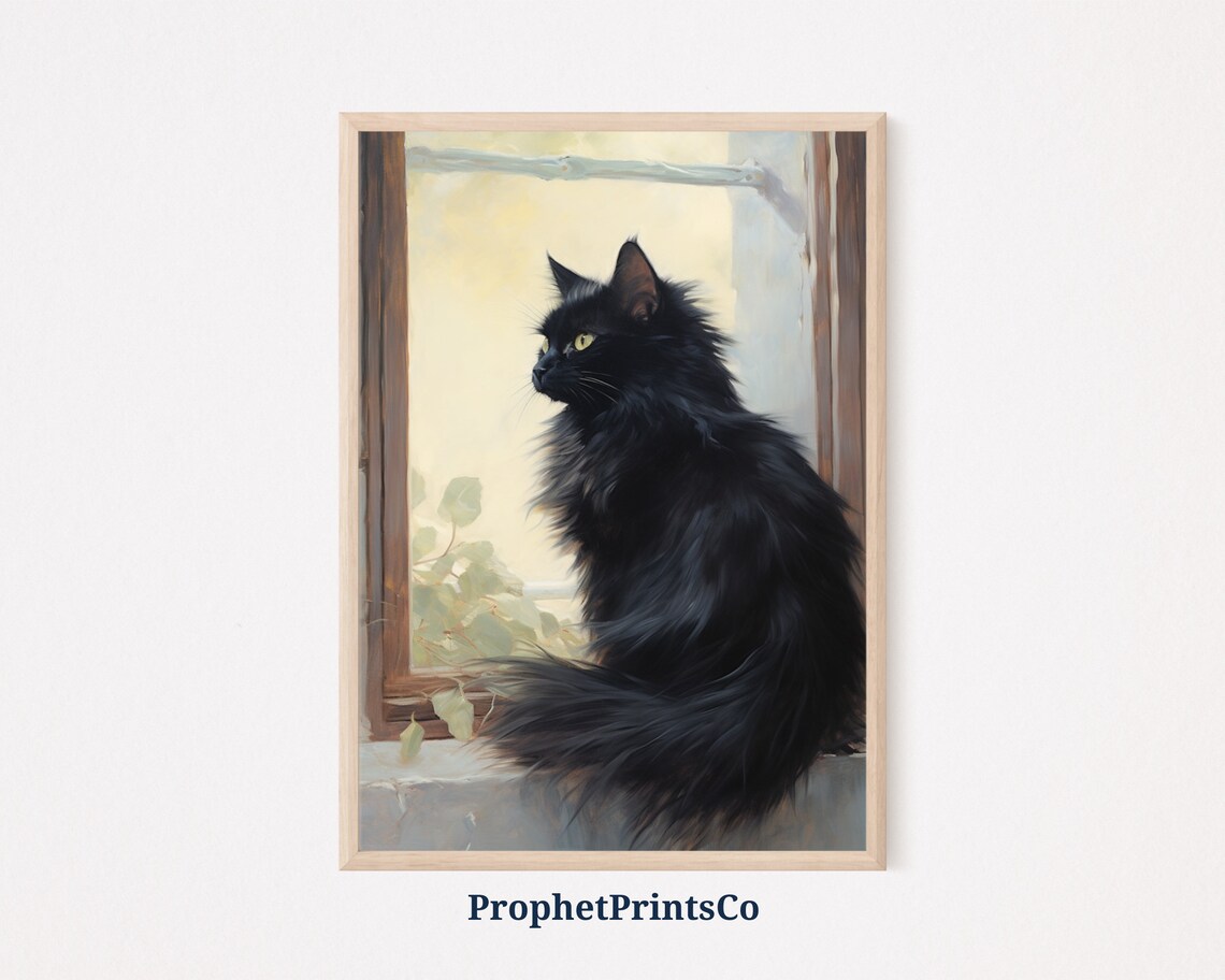 Black Cat On Windowsill Oil Painting Moody Cat Portrait Poster