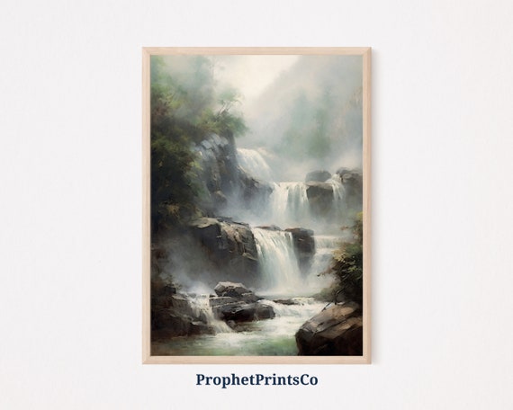 Soft Tonal Waterfall Oil Painting Nature Wall Art Waterfall Wall Art Living Room Home Dcor Wall Art
