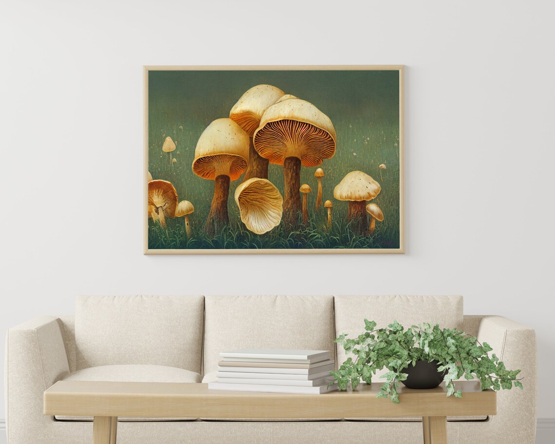 Vintage Cream Mushroom Cluster Forest Floor Oil Painting Poster - Image 3