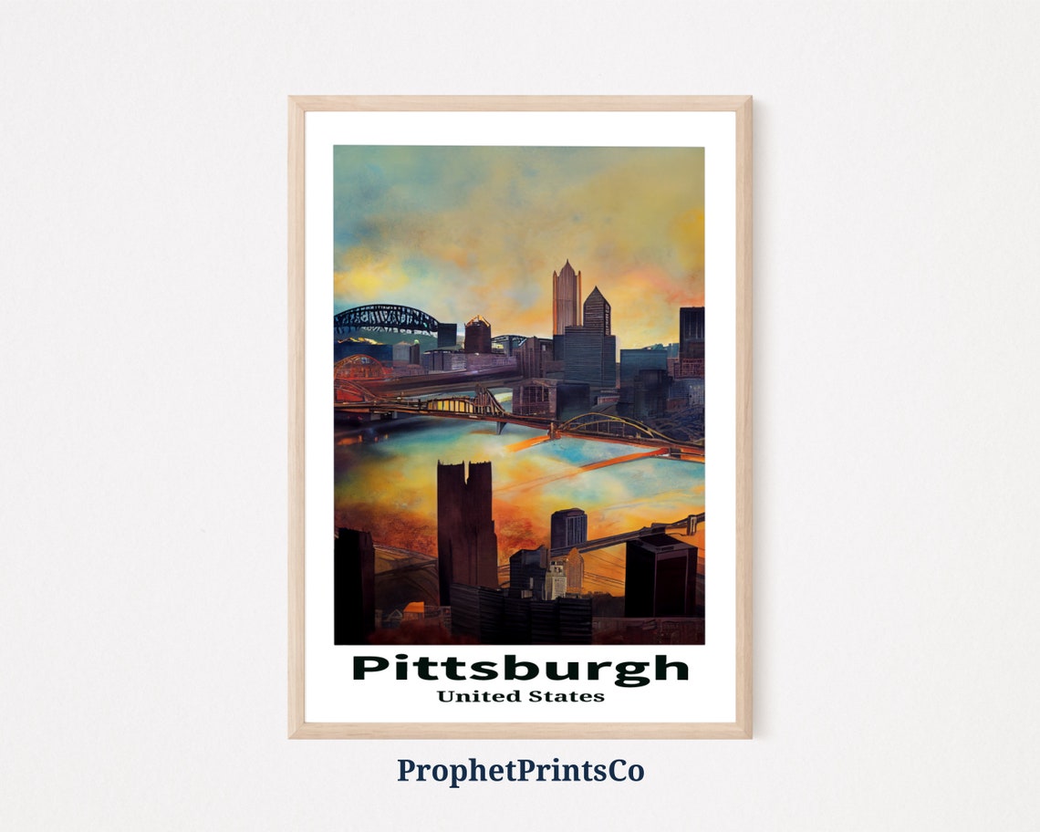 Pittsburgh Sunset Skyline Bridges Over River Vintage Travel Poster
