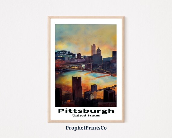 Pittsburgh Sunset Skyline Bridges Over River Vintage Travel Poster