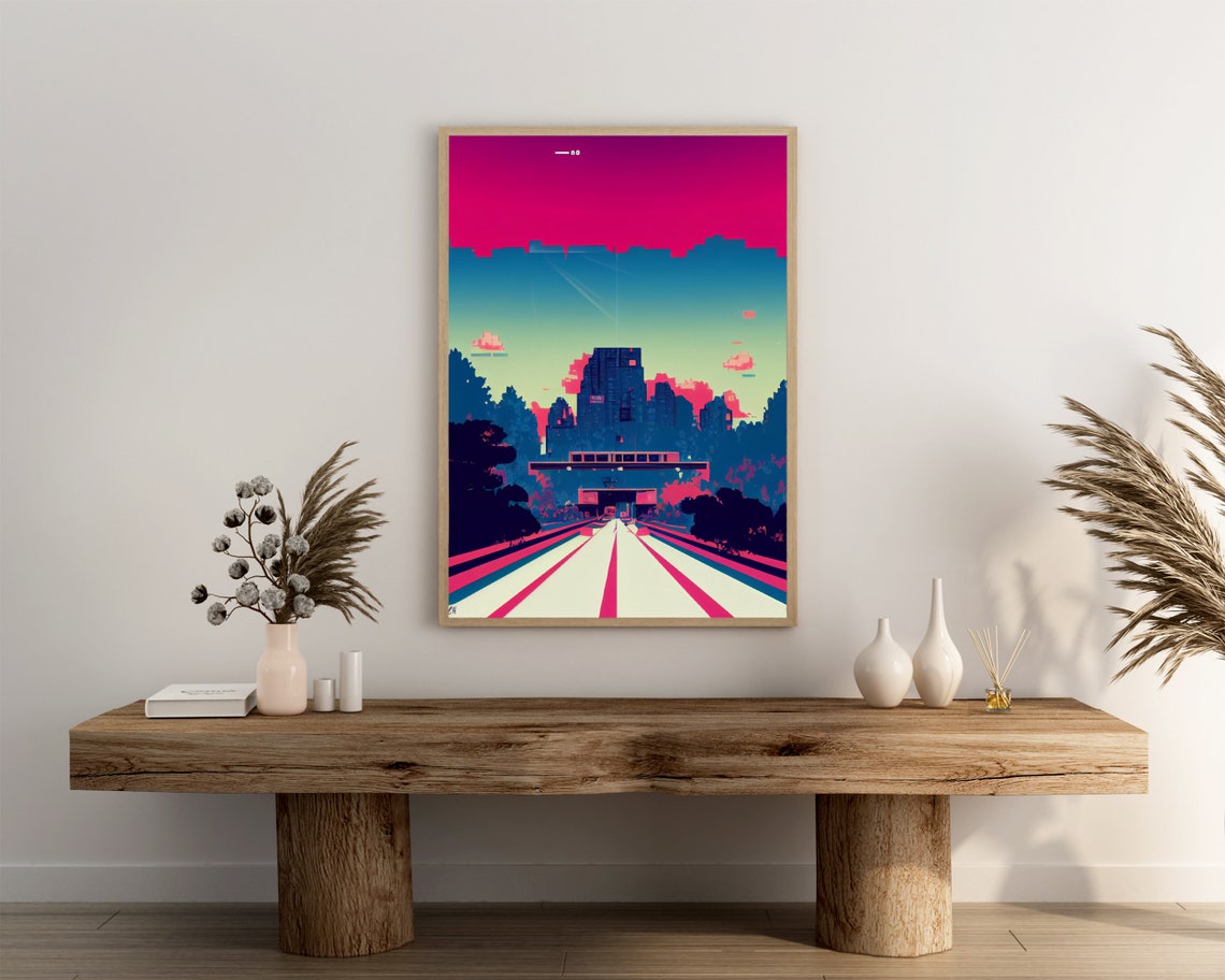 Retro Synthwave Road to City Magenta Sunset Pixel Art Poster - Image 3