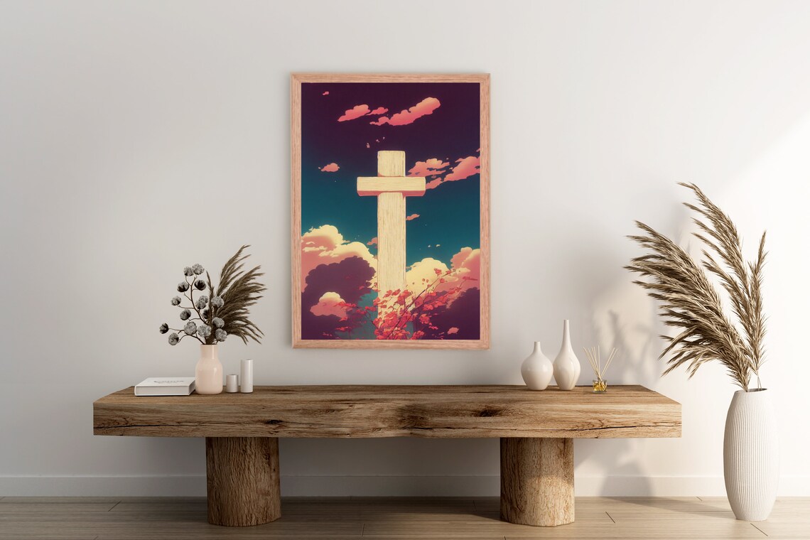 Wooden Cross Sunset Clouds Christian Faith Sky Painting Art Poster - Image 2