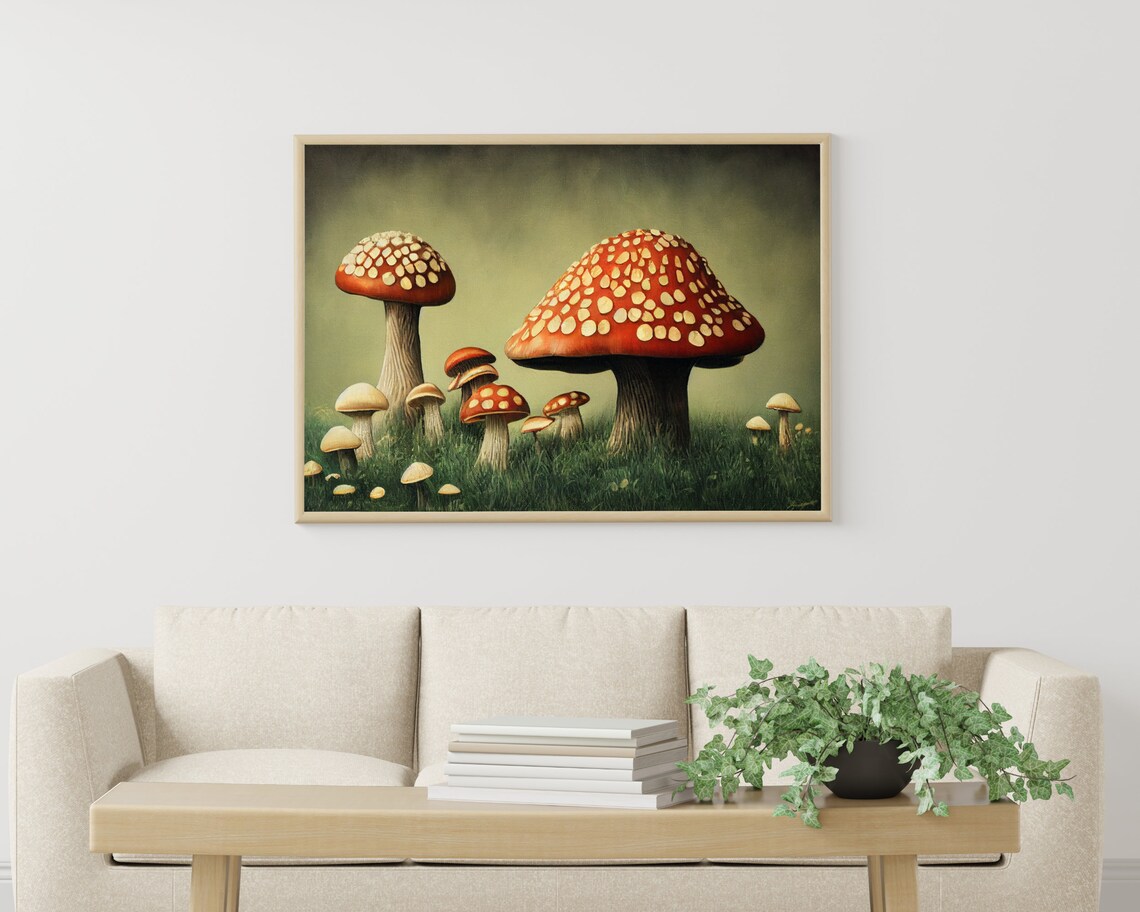 Red Fly Agaric Mushrooms in Grass Vintage Nature Painting Poster - Image 3